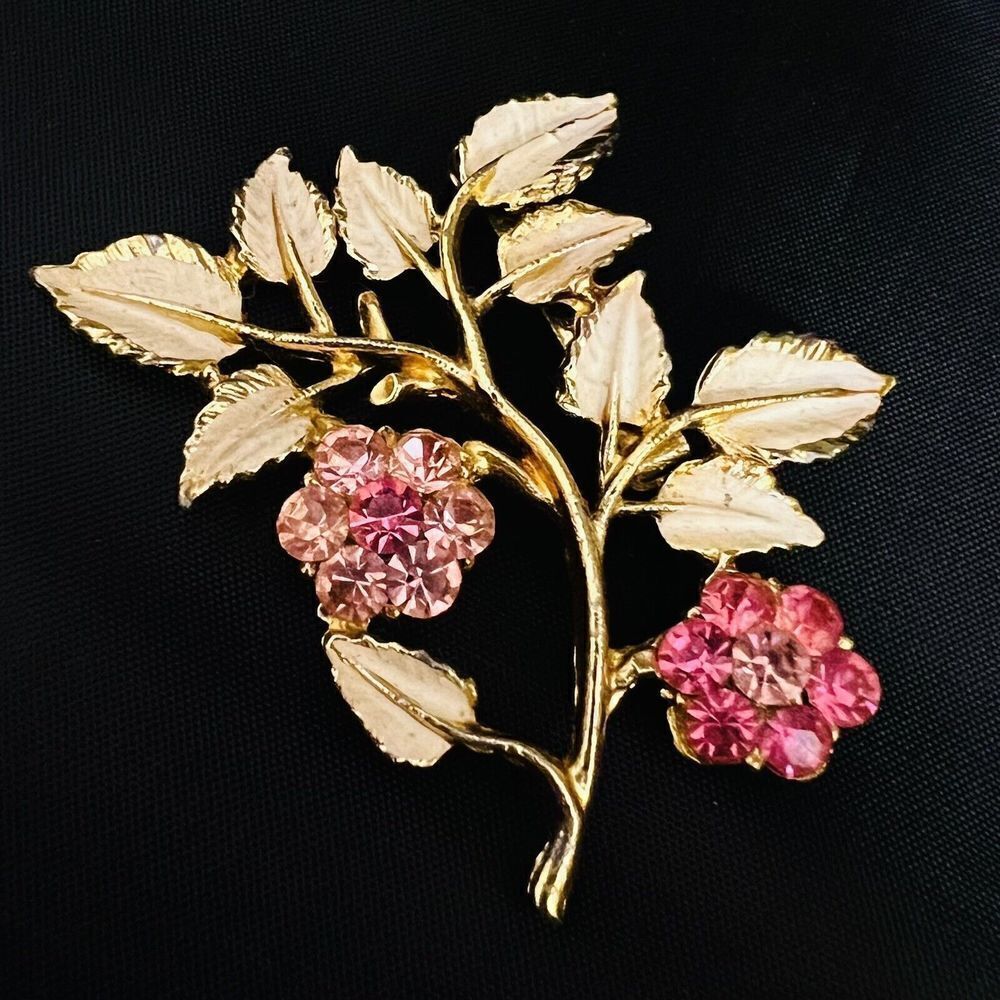 Vintage Enamel Pink Rhinestone Brooch Flower Floral Leaf Branch Gold Tone 4194